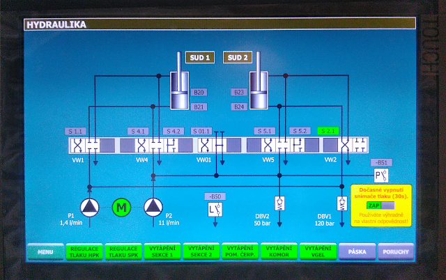 Obrazovka hydrauliky s animací ventilů (KTP1200)